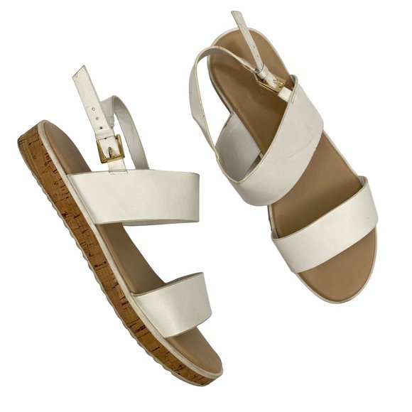 Aldo White Double Strap Slingback Sandals Open Toe Shoes Gold Hardware Women 8.5 - Picture 1 of 11